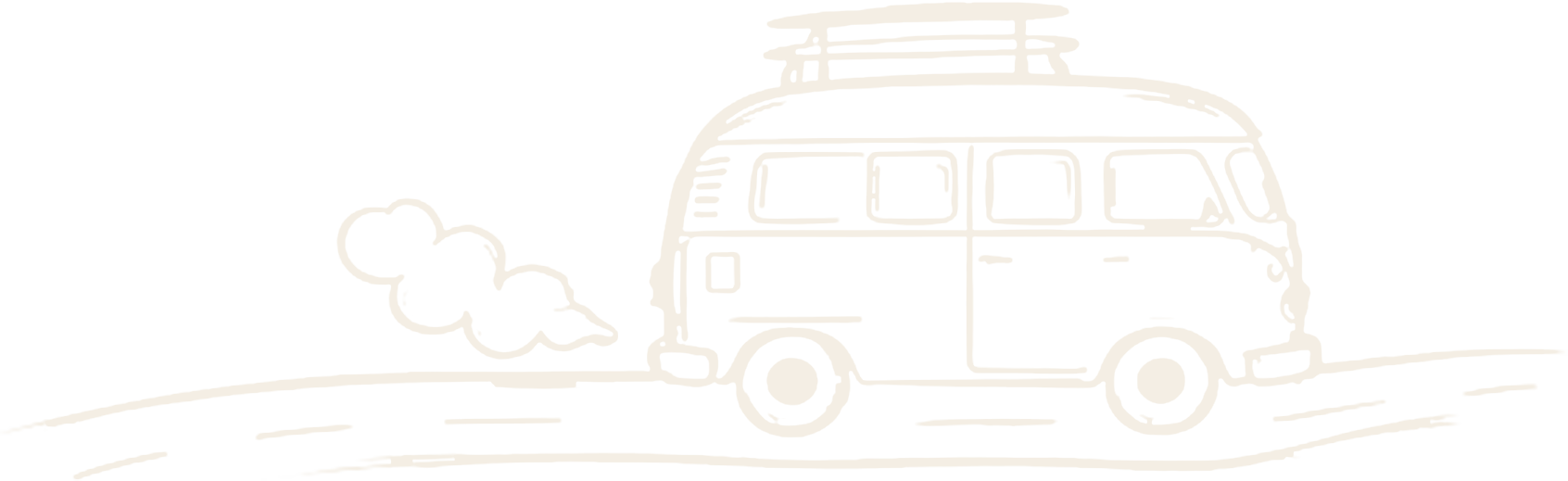 Gezeichneter Camper-Bus auf einer Straße, Doodle in Creme