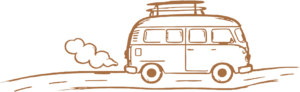 Gezeichneter Camper-Bus auf einer Straße, Doodle in Glut