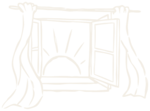 Gezeichnetes offenes Fenster mit aufgehender Sonne